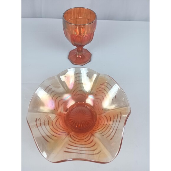 Vintage Bowl And Goblet Handmade Orange Carnival Glass Reverse Ruffled Edges - Picture 9 of 10